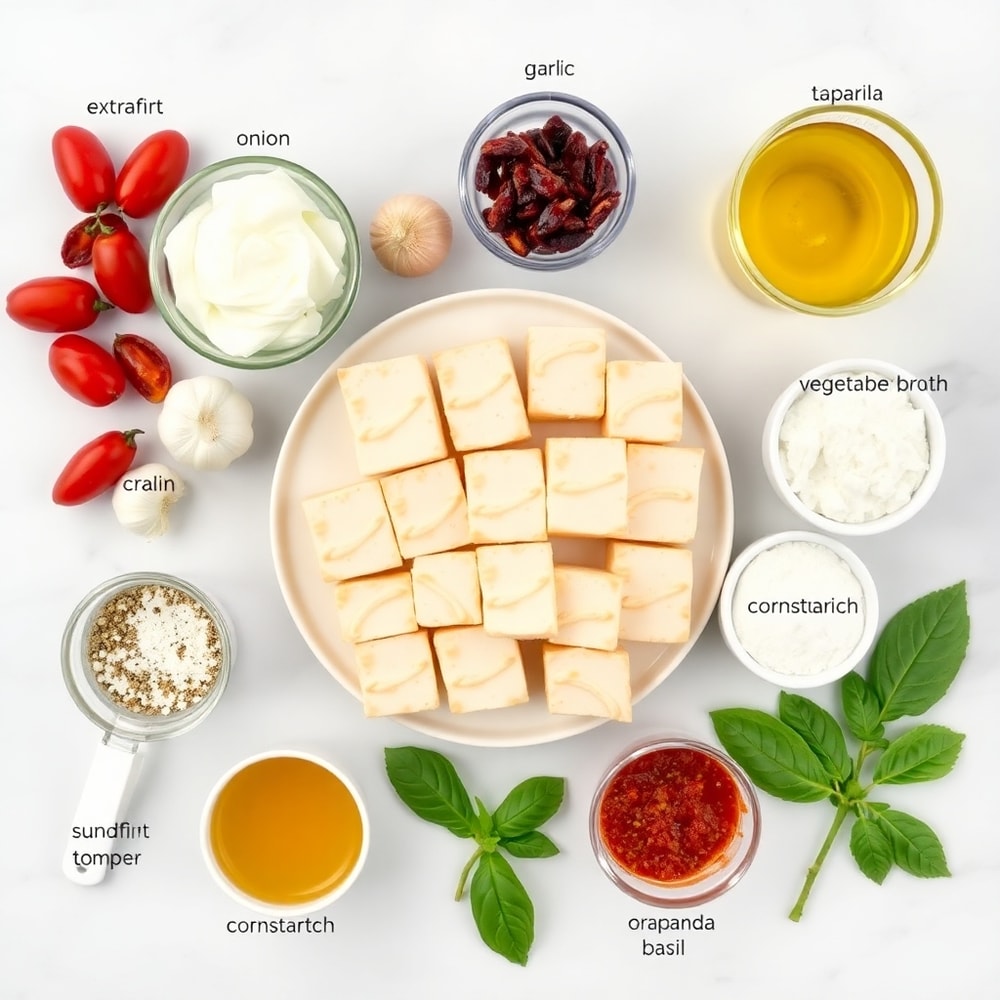 Raw ingredients for crispy tofu in creamy sun-dried tomato sauce