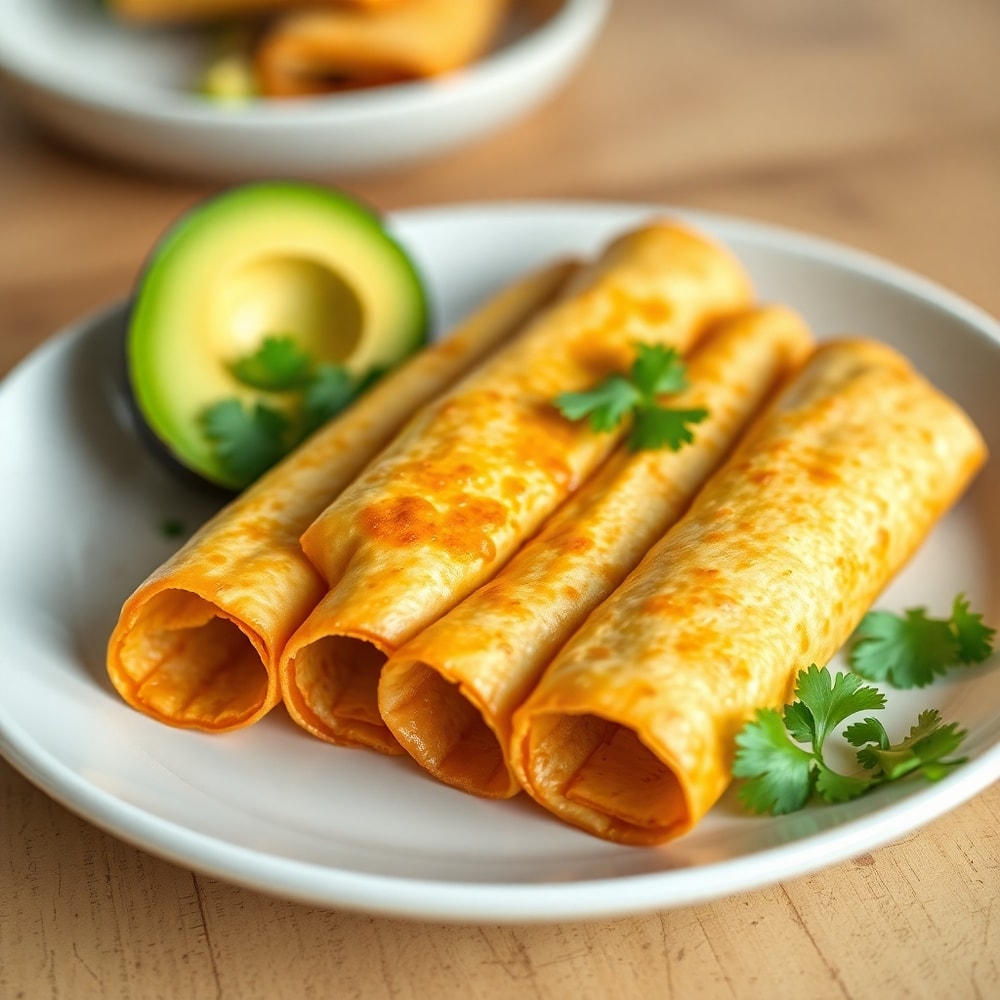 Plated Vegan Taquitos with avocado and lime