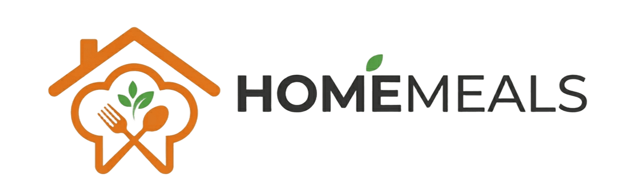 Home Meals logo featuring a modern house and cooking utensil design for a recipe website