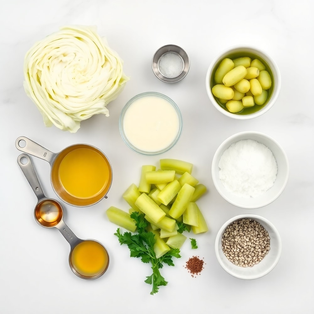 Overhead flat lay of cabbage, pickles, mayonnaise, vinegar, and sugar, with measuring spoons and bowls on a white marble surface