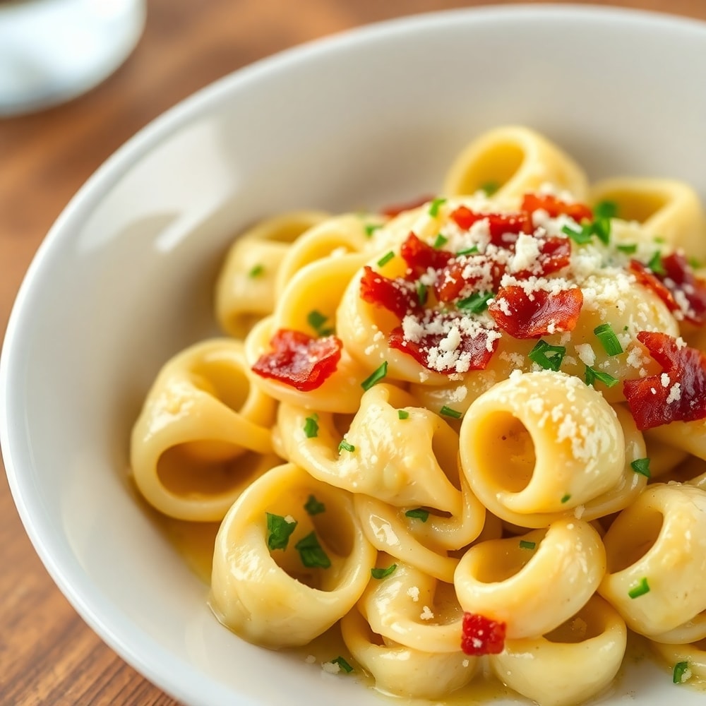 Plated Tortellini Carbonara with Freshly Grated Parmesan