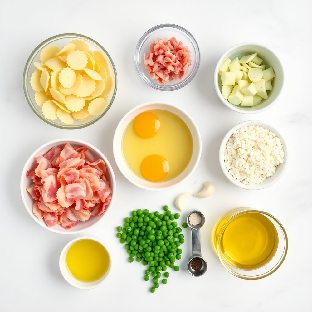 Tortellini Carbonara Ingredients: Cheese Tortellini, Bacon, Eggs, Parmesan, Peas, Garlic, Salt, Pepper, Olive Oil