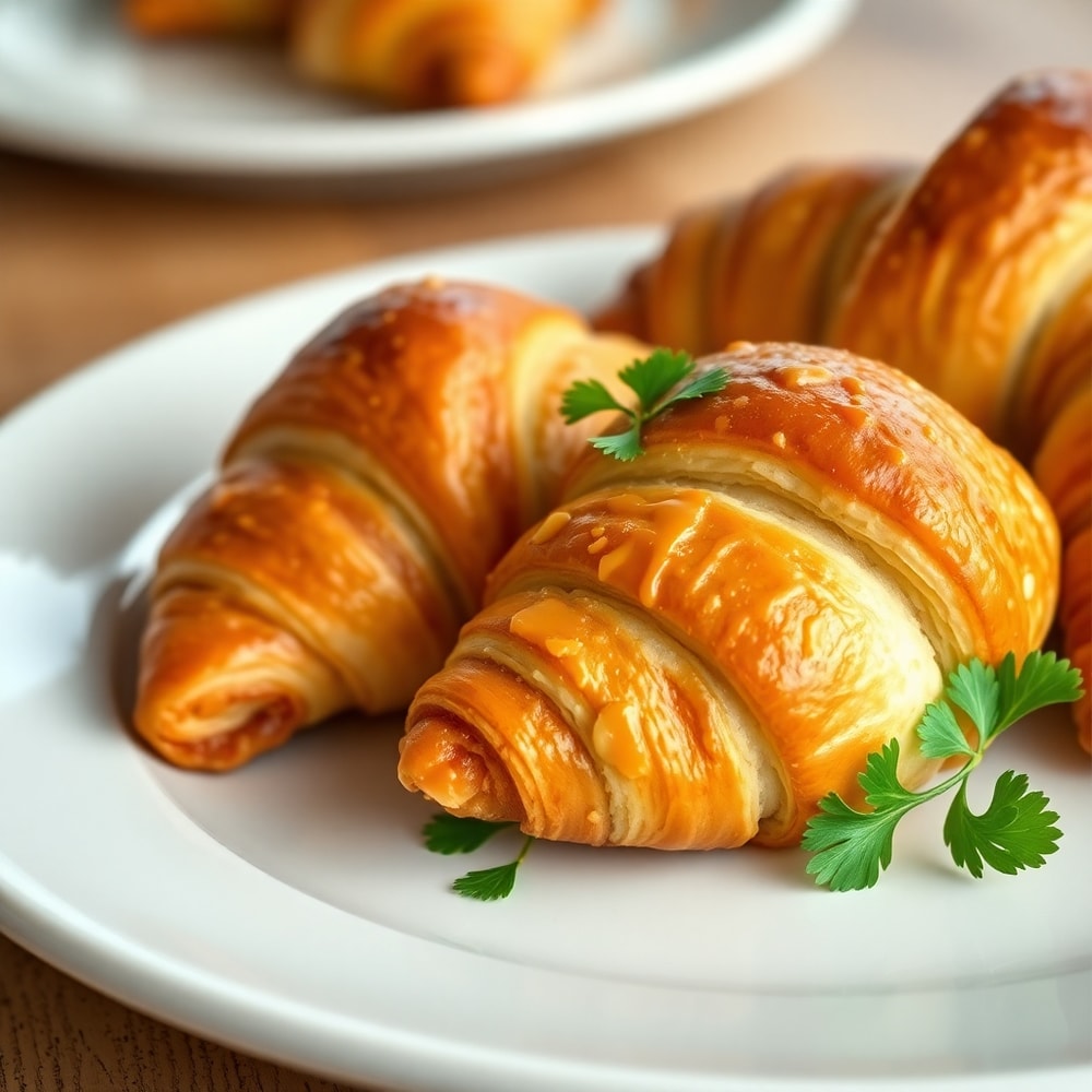 Plated baked ham and cheese croissants with fresh parsley garnish