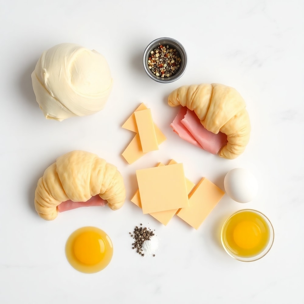 Raw ingredients for ham and cheese croissants including puff pastry, ham, cheese, and mustard