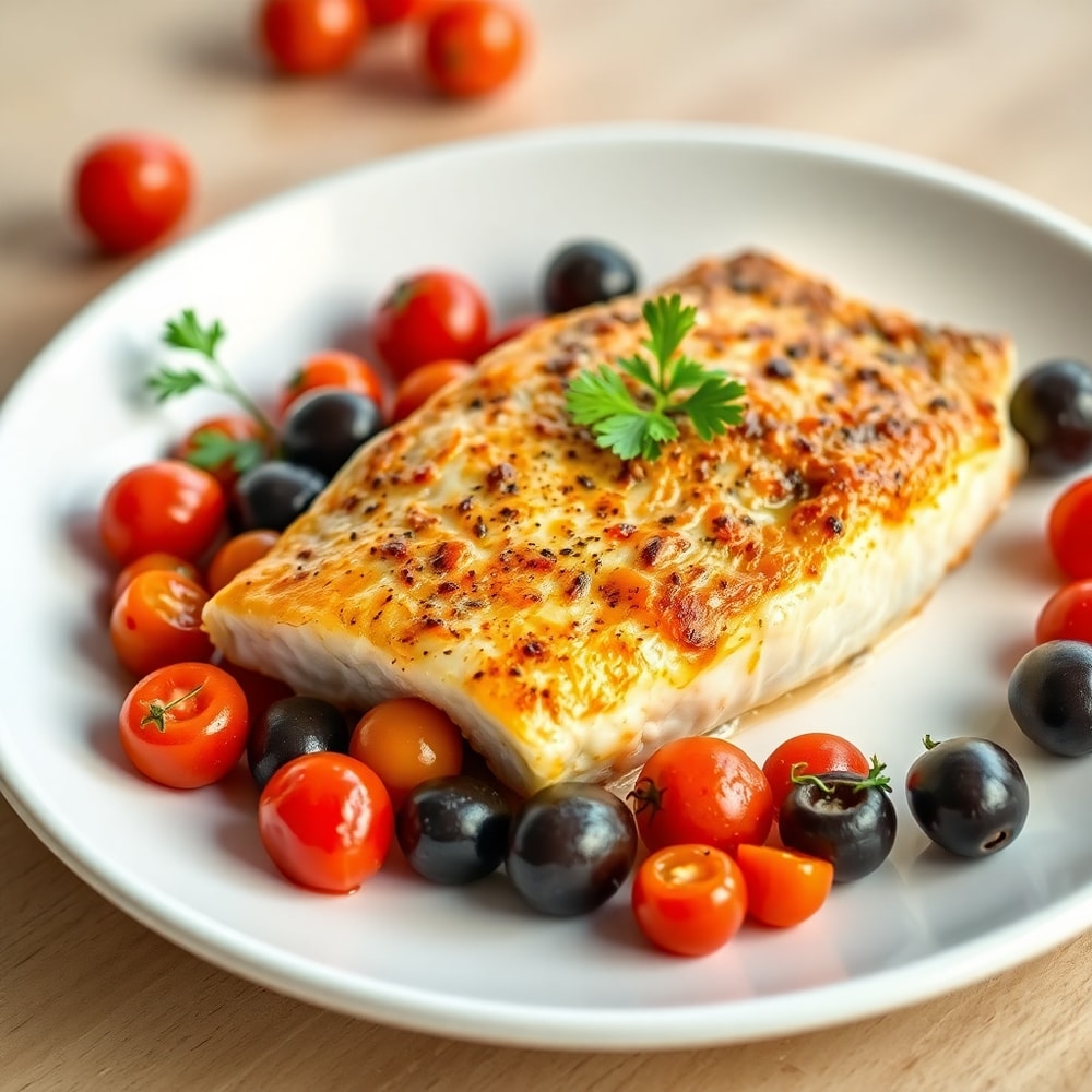 Plated easy baked sea bass with olives and cherry tomatoes