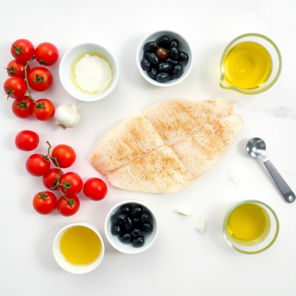 Raw ingredients for easy baked sea bass with olives and cherry tomatoes