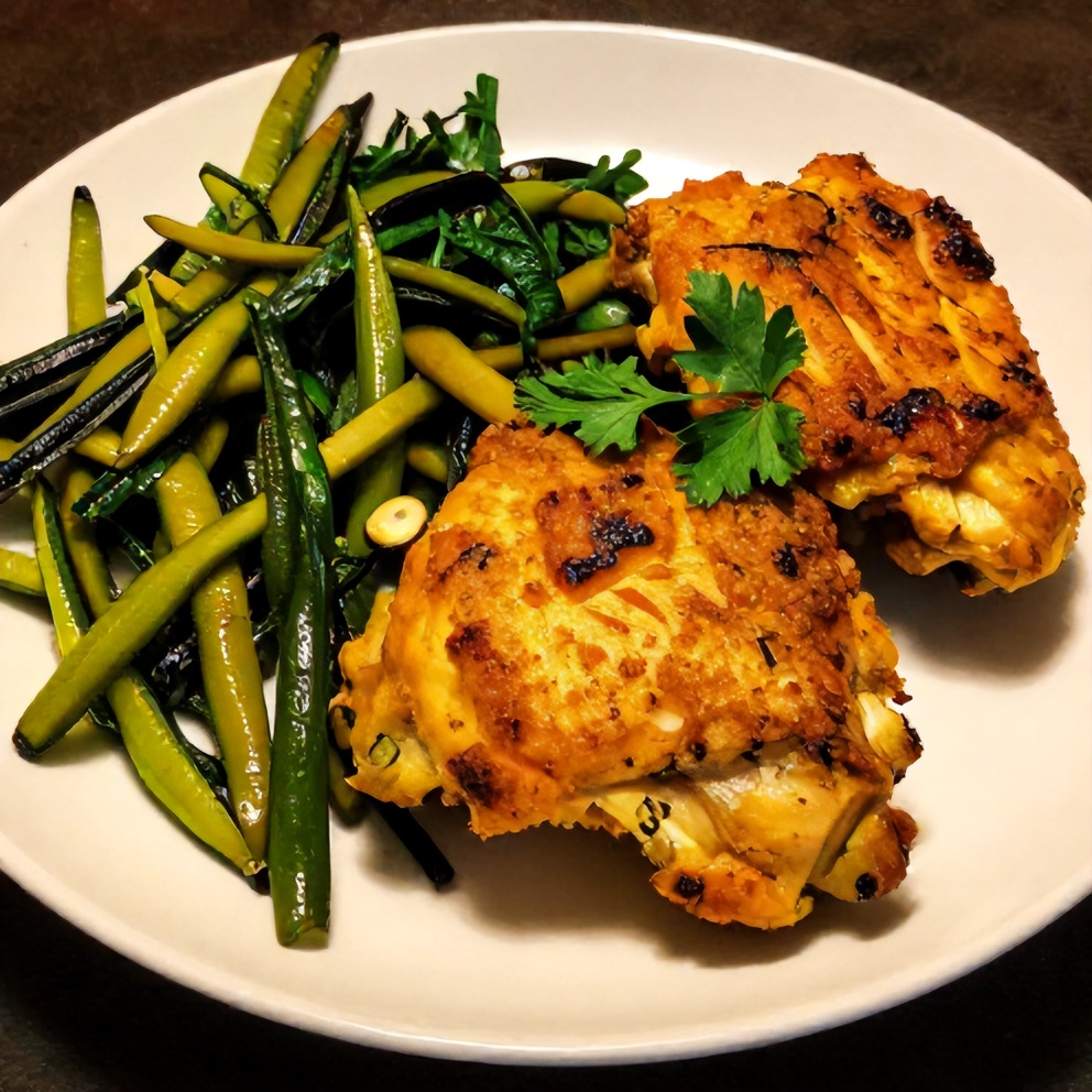 Plated serving of baked turmeric chicken with spring vegetables
