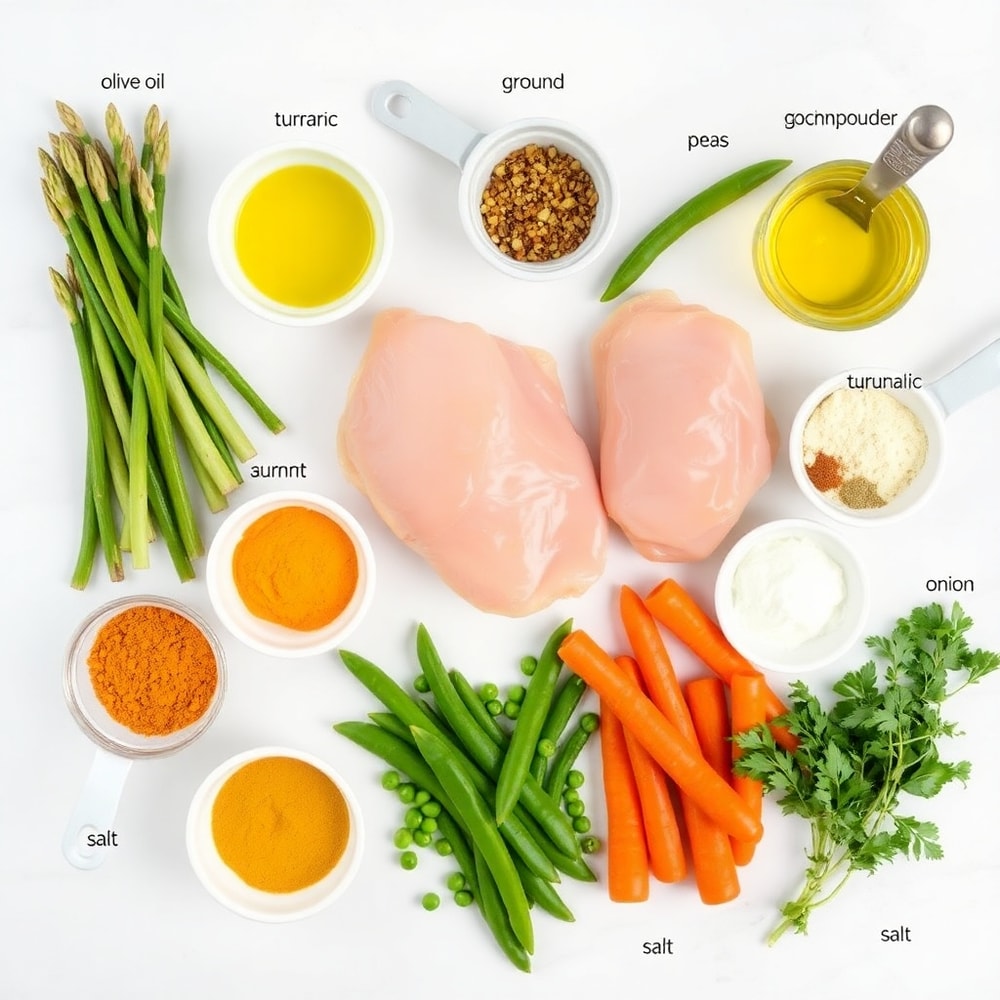 Raw ingredients for baked turmeric chicken with spring vegetables