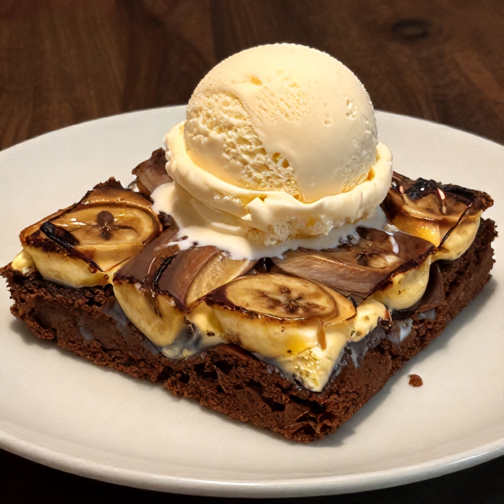 Plated Banana Pudding Brownies with a scoop of vanilla ice cream