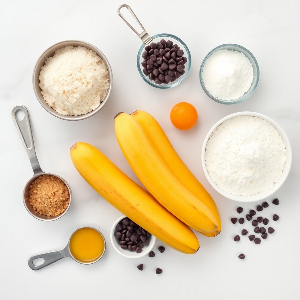 Raw ingredients for Banana Pudding Brownies including bananas, brown sugar, and chocolate chips