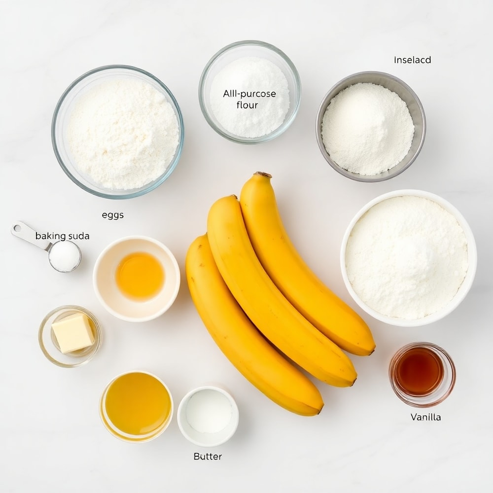 Banana Split Cake ingredients on a white marble surface
