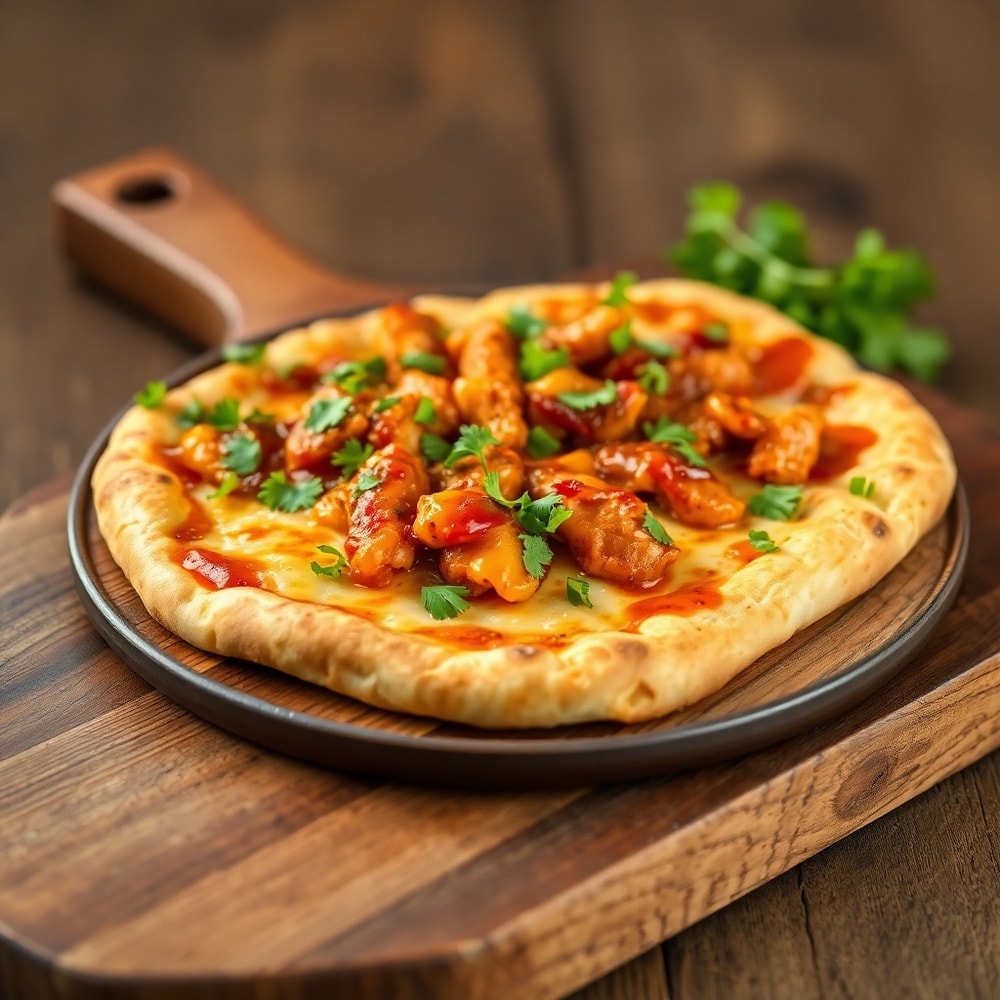 BBQ Chicken Flatbread on a rustic wooden board, garnished with fresh cilantro