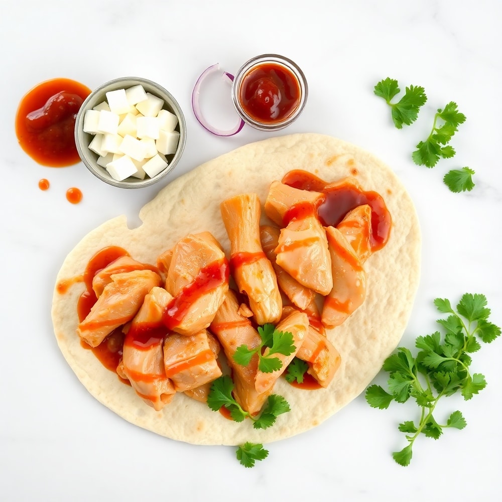 Raw ingredients for BBQ Chicken Flatbread: flatbread, chicken, BBQ sauce, red onion, cilantro, mozzarella