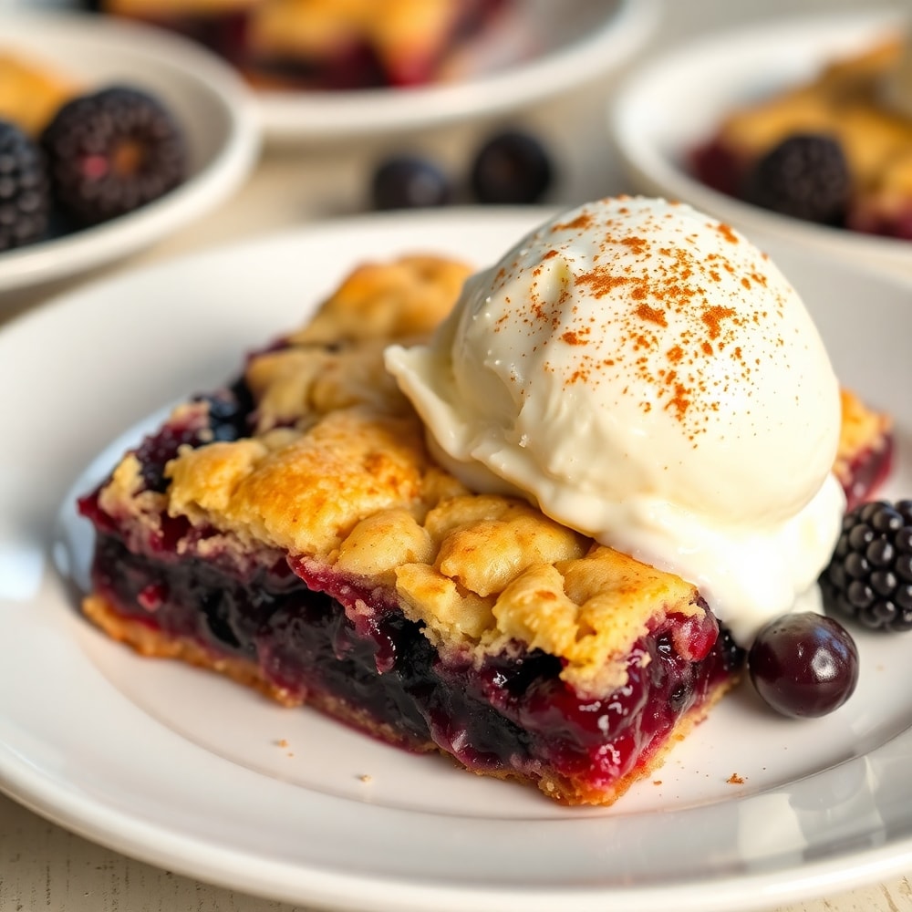 Blackberry Cobbler Bars on a plate with a scoop of vanilla ice cream