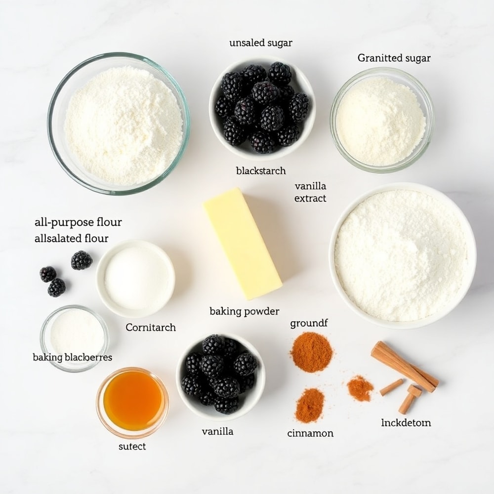 Blackberry Cobbler Bars ingredients: flour, sugar, butter, blackberries, cornstarch