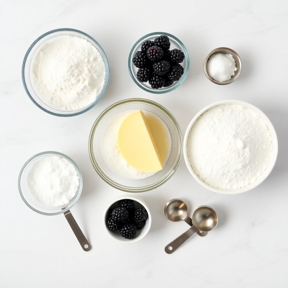Raw Ingredients for Blackberry Shortbread - Flour, Butter, Sugar, Blackberries, Egg