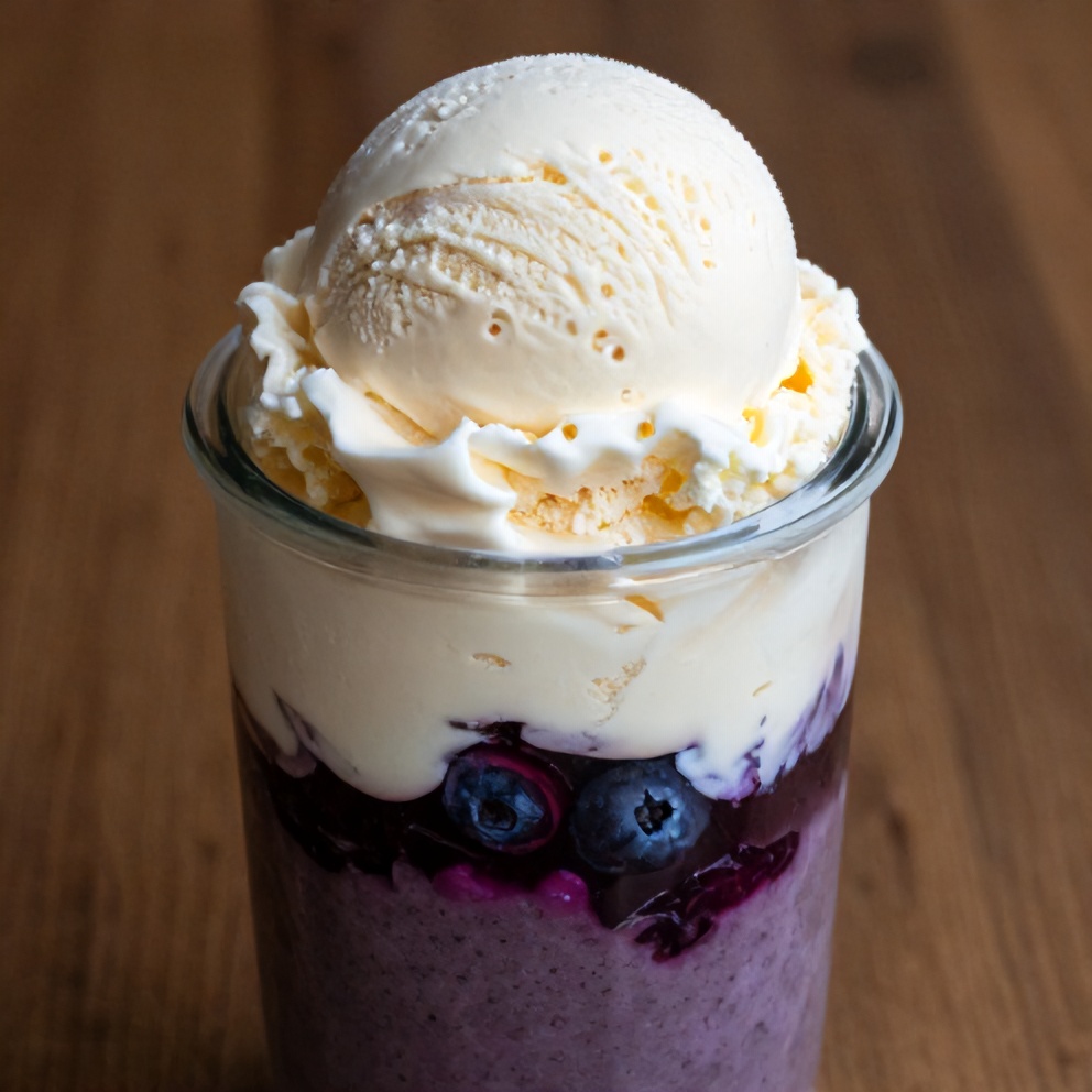 Blueberry crisp in a jar with a scoop of vanilla ice cream