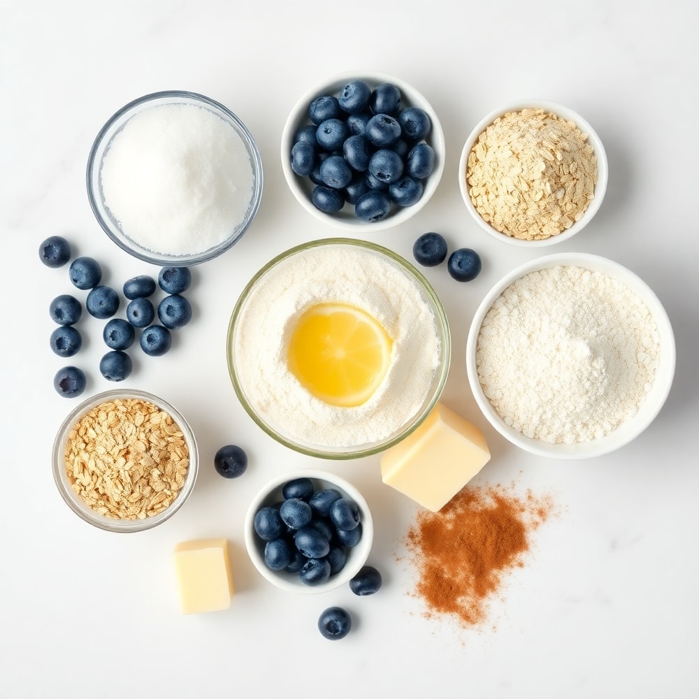 Blueberries, oats, flour, sugar, and butter arranged in a flat lay