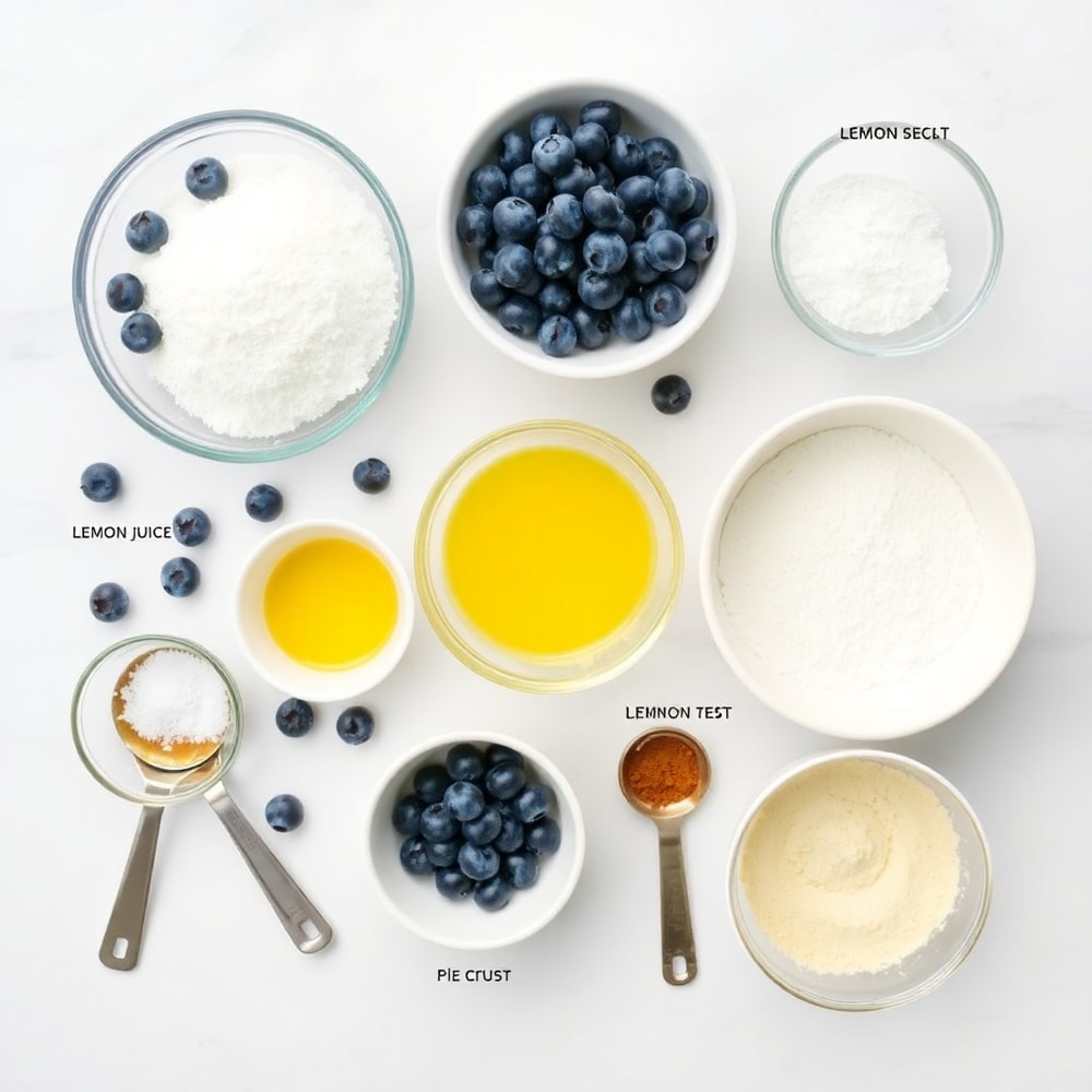 Blueberries, flour, sugar, butter, lemon juice, and pie crust ingredients