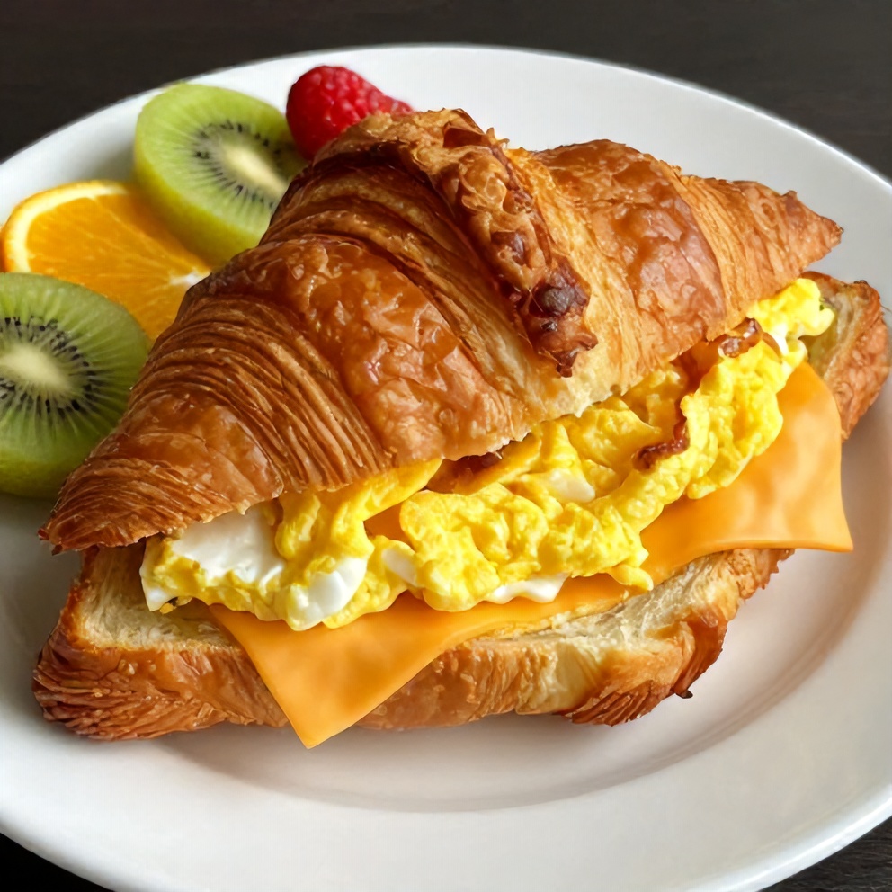Plated breakfast croissant sandwiches with eggs and cheese