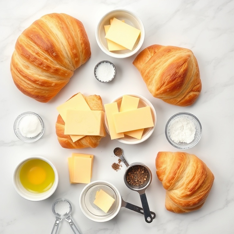 Raw ingredients for easy breakfast croissant sandwiches