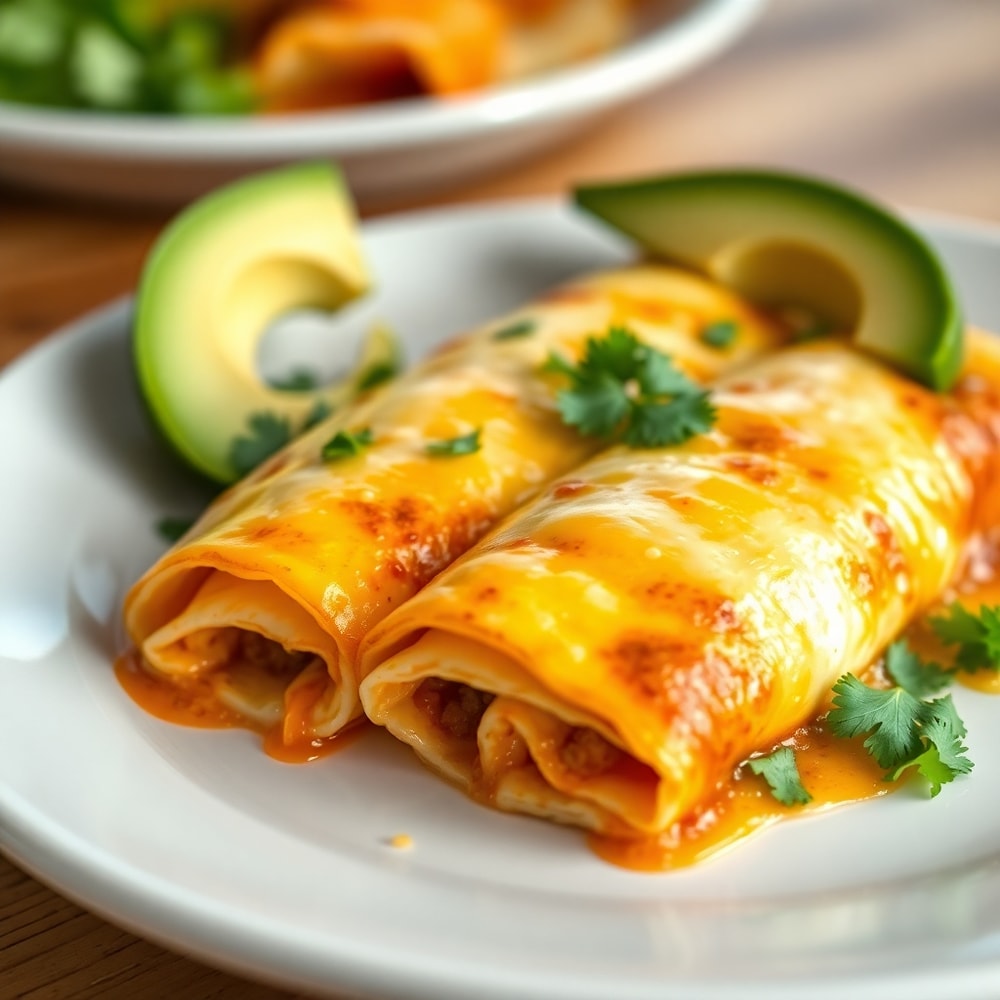 Plated Breakfast Enchiladas with fresh cilantro and avocado slices