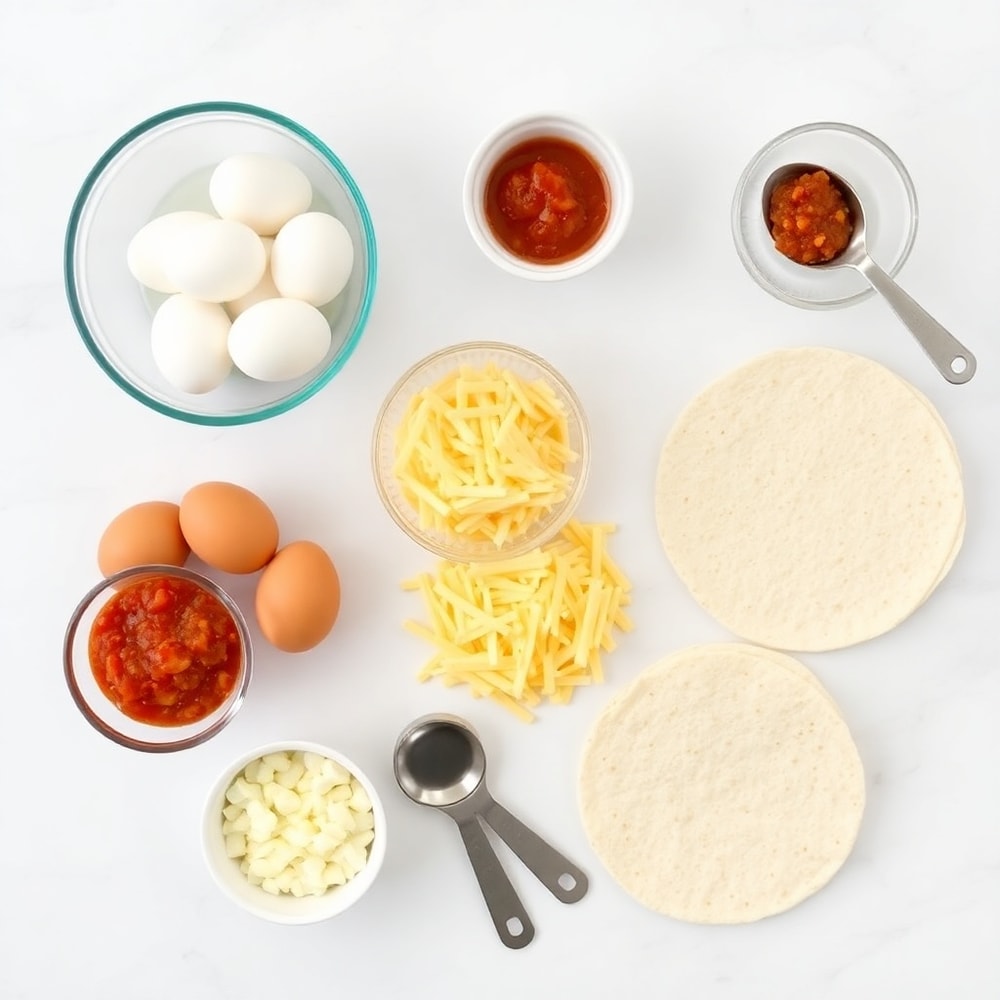 Eggs, tortillas, cheese, and salsa arranged on a white marble surface