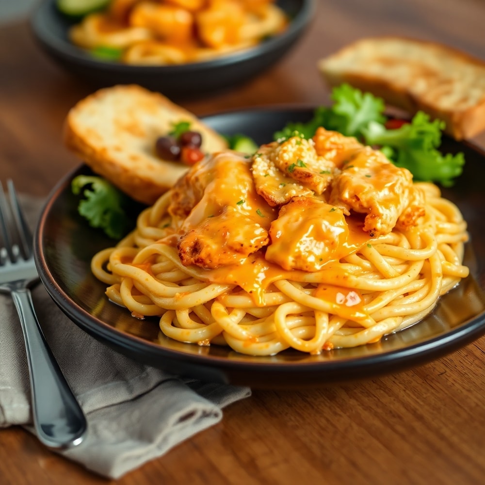 Plated buffalo chicken pasta with garlic bread and side salad