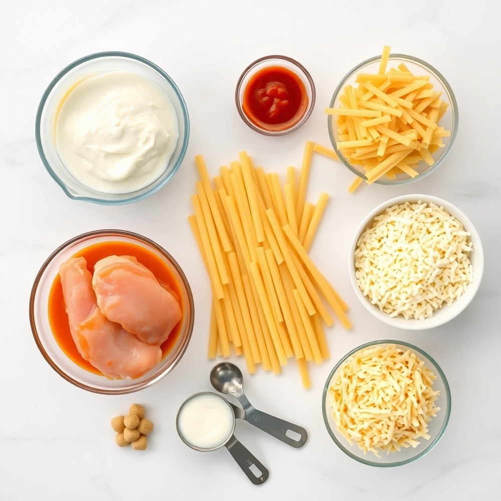 Raw ingredients for buffalo chicken pasta including chicken, pasta, buffalo sauce, and cheese