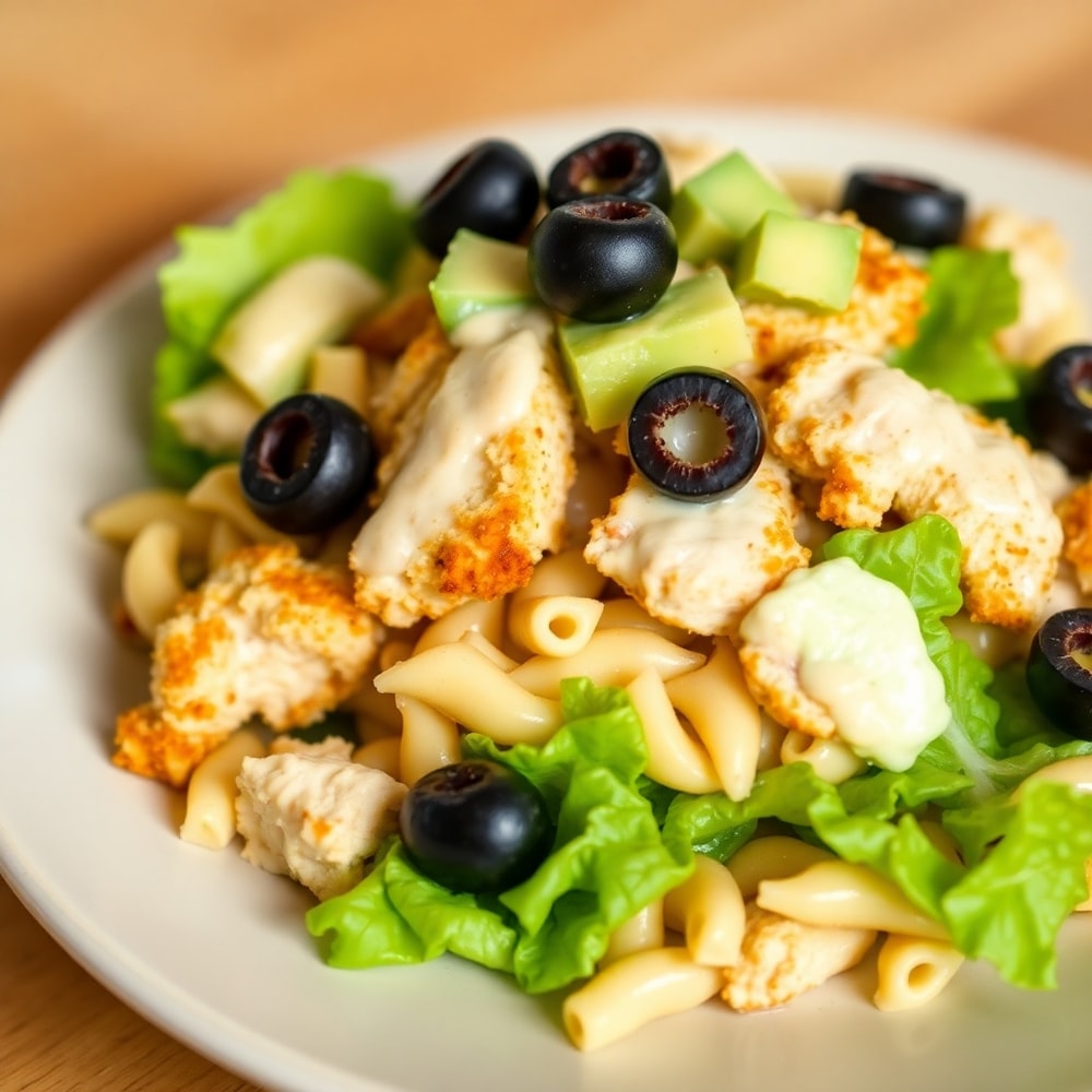 Plated Chicken Caesar Pasta Salad with crispy chicken, creamy dressing, and fresh romaine