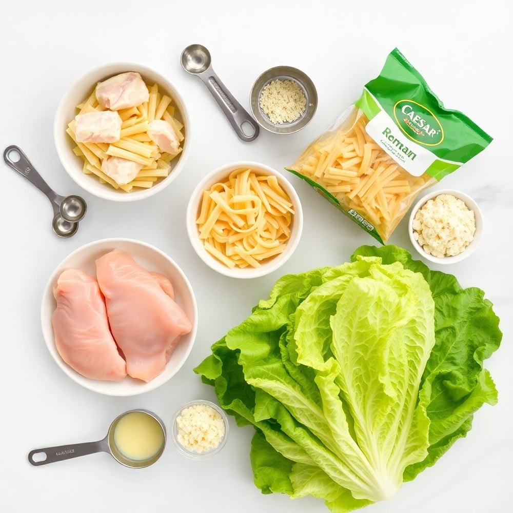 Raw ingredients for Chicken Caesar Pasta Salad: chicken, pasta, romaine, croutons, parmesan, Caesar dressing