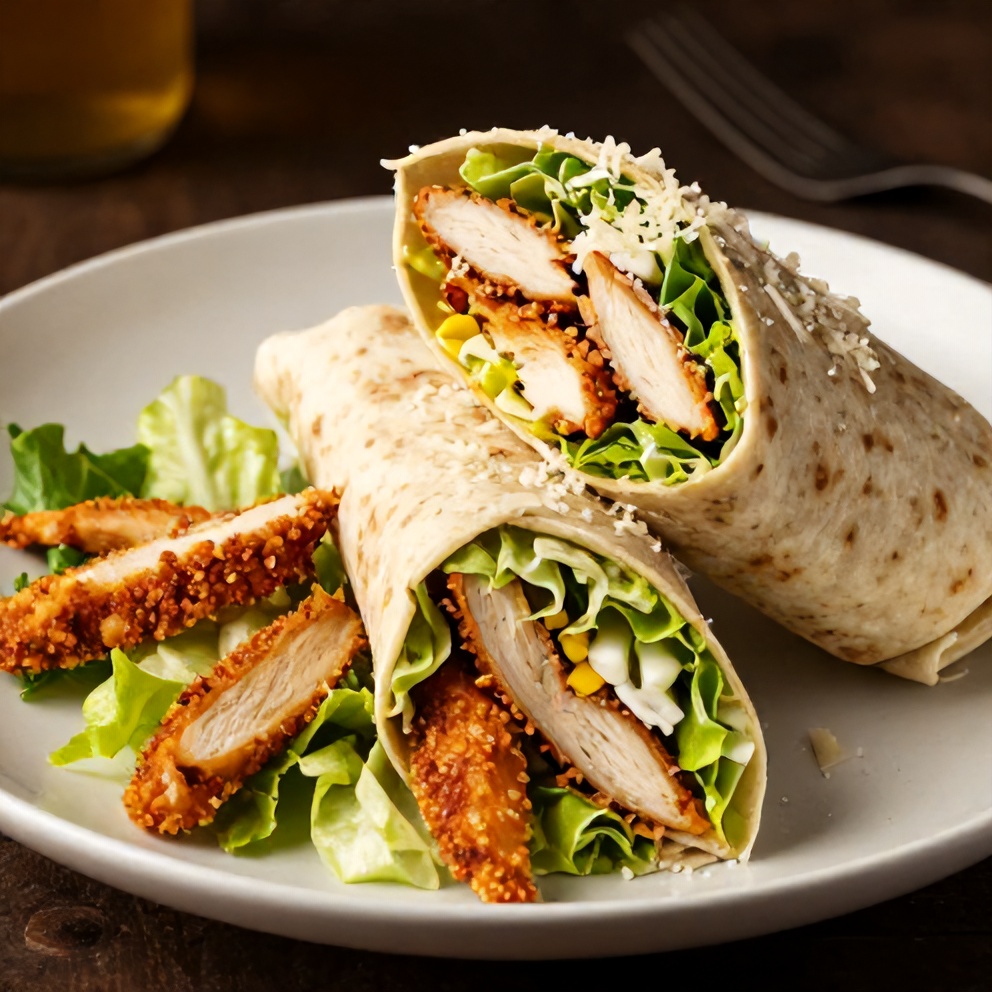 Close-up of crispy chicken caesar wrap on a plate