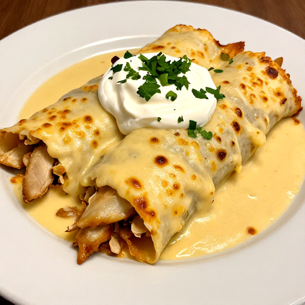 A perfectly plated serving of creamy chicken enchiladas with a dollop of sour cream and chopped cilantro
