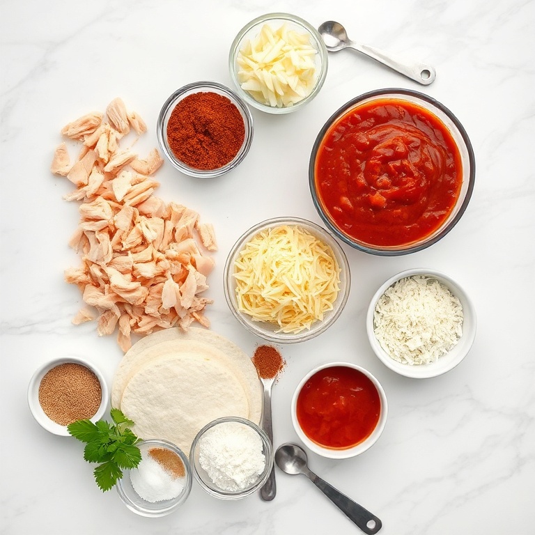 Shredded chicken, tortillas, cheese, and enchilada sauce laid out for easy chicken enchiladas