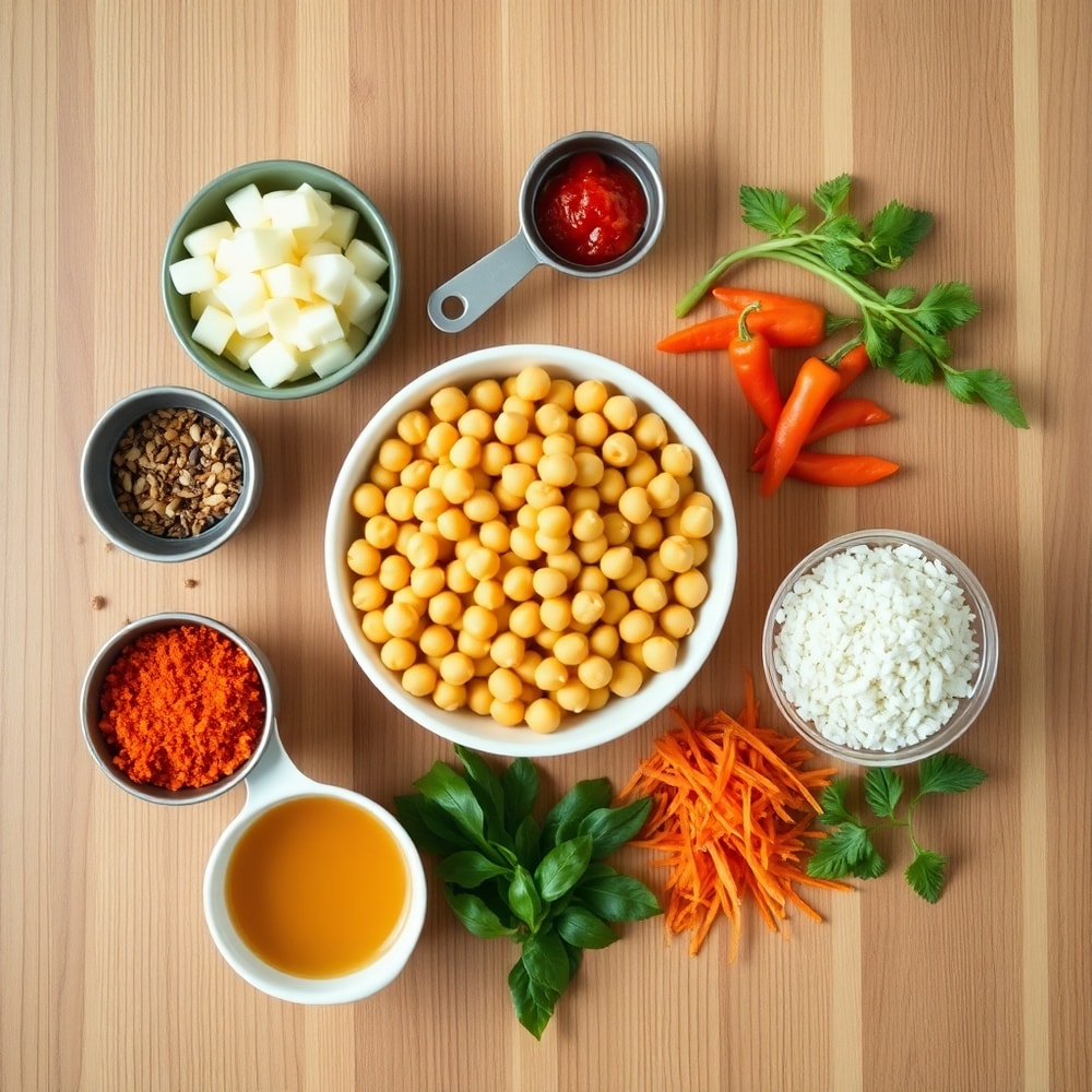 Chickpea Paprikash ingredients on a wooden surface