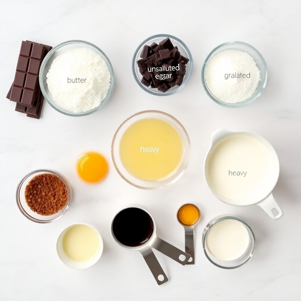 Raw ingredients for Chocolate Mousse Brownies arranged on a marble surface