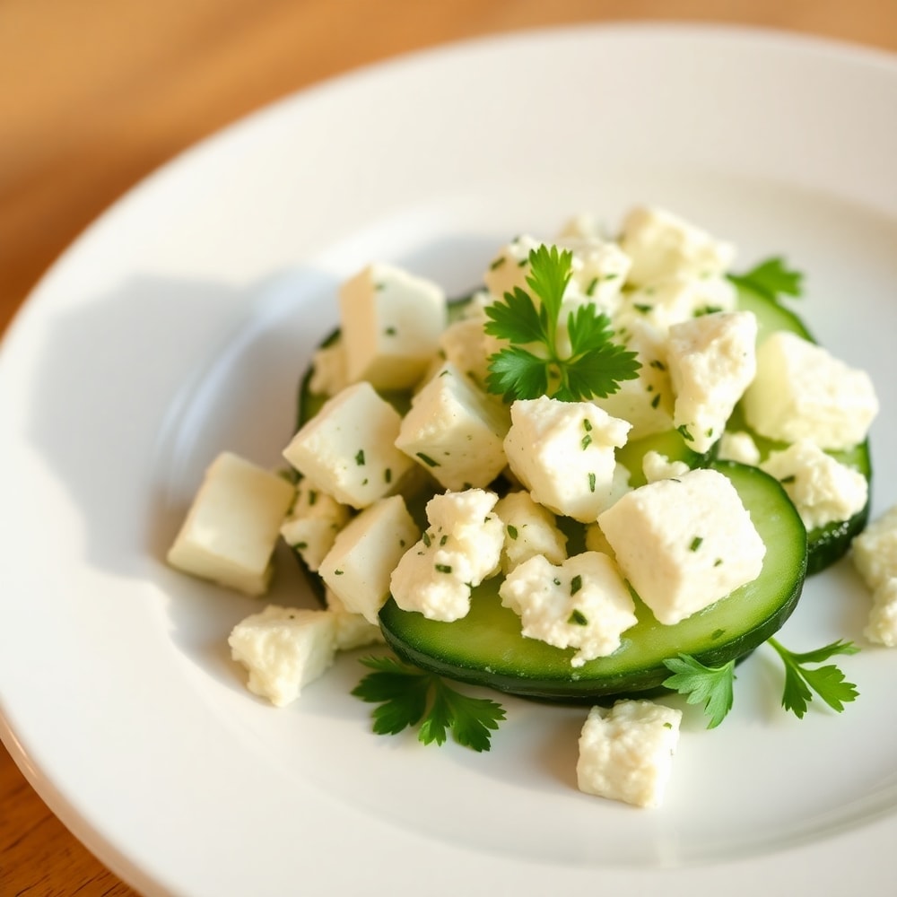 Plated Classic Cucumber Feta Salad with fresh parsley garnish