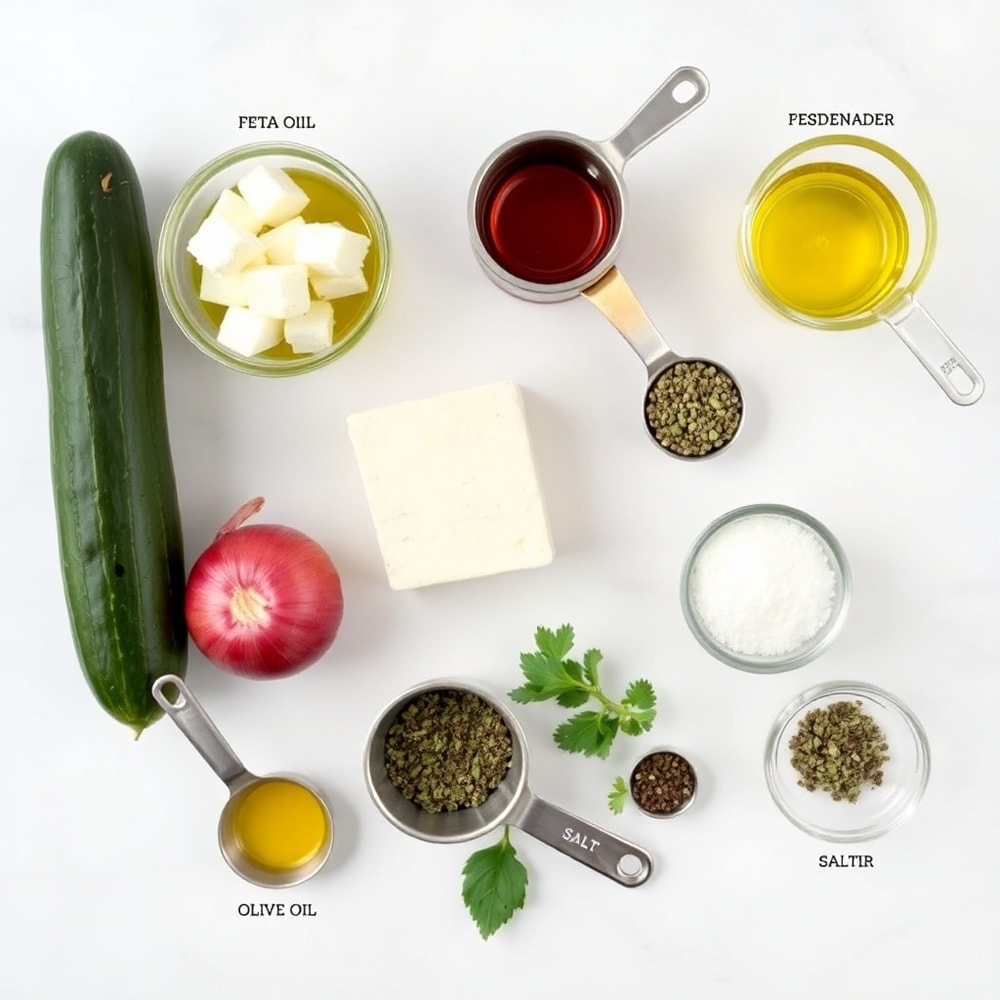 Raw ingredients for Classic Cucumber Feta Salad on a marble surface