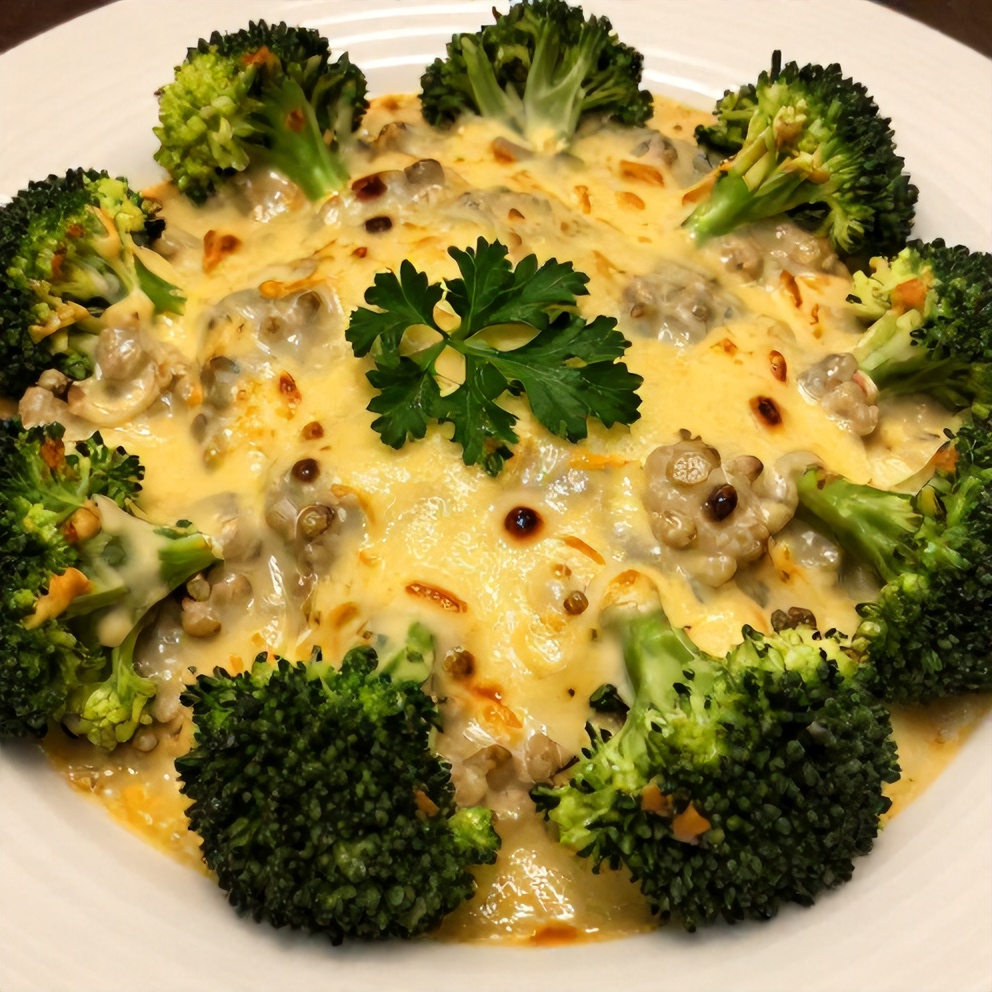 A serving of creamy broccoli and quinoa bake on a plate, garnished with fresh parsley