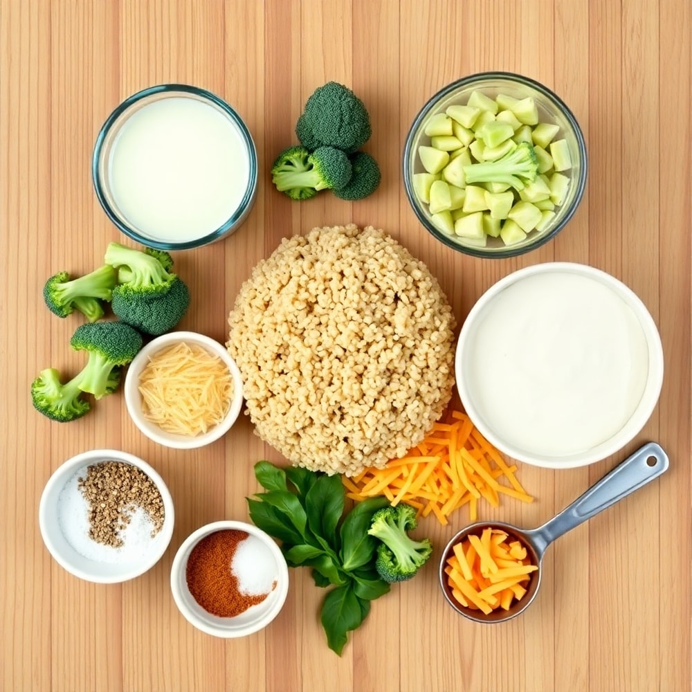 Broccoli, quinoa, cheese, milk, and seasonings laid out on a wooden surface