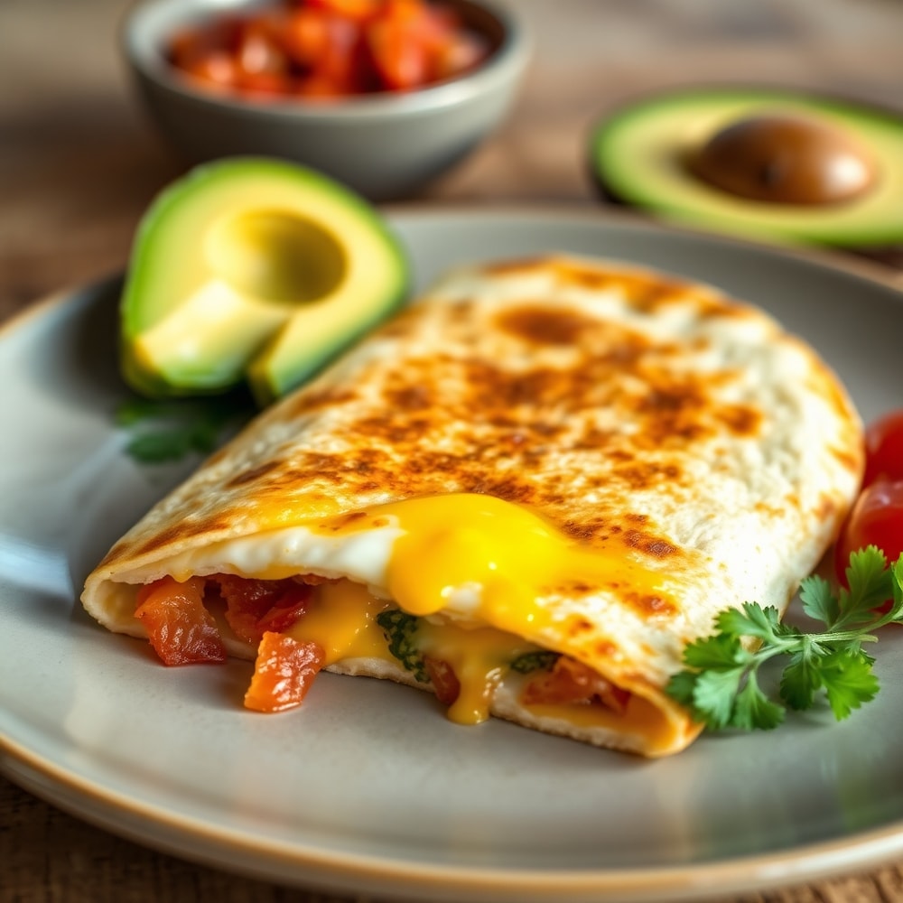 Plated bacon egg and cheese quesadilla with avocado and salsa