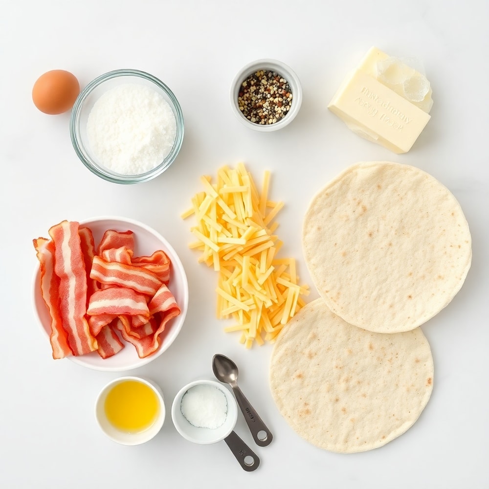 Raw ingredients for bacon egg and cheese quesadillas on a marble surface