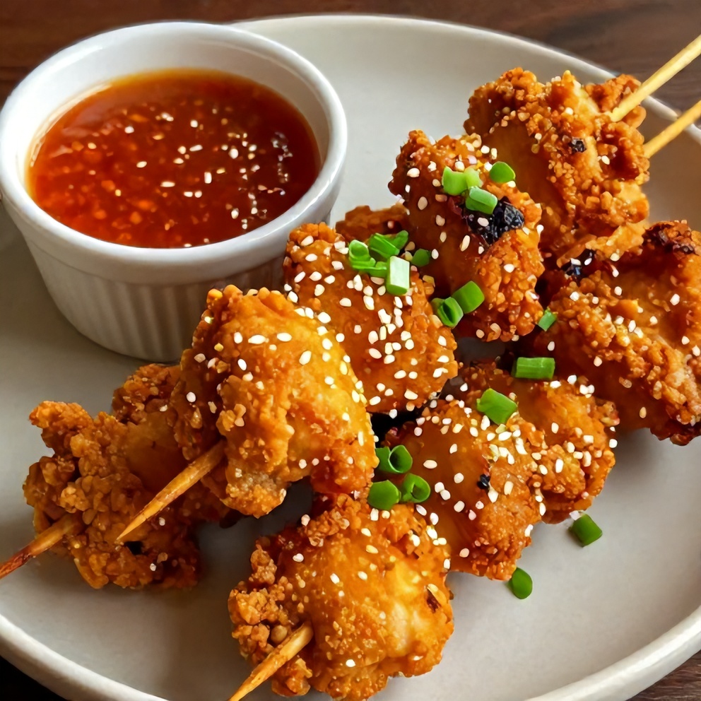 Plated Bang Bang Chicken Skewers with spicy dipping sauce