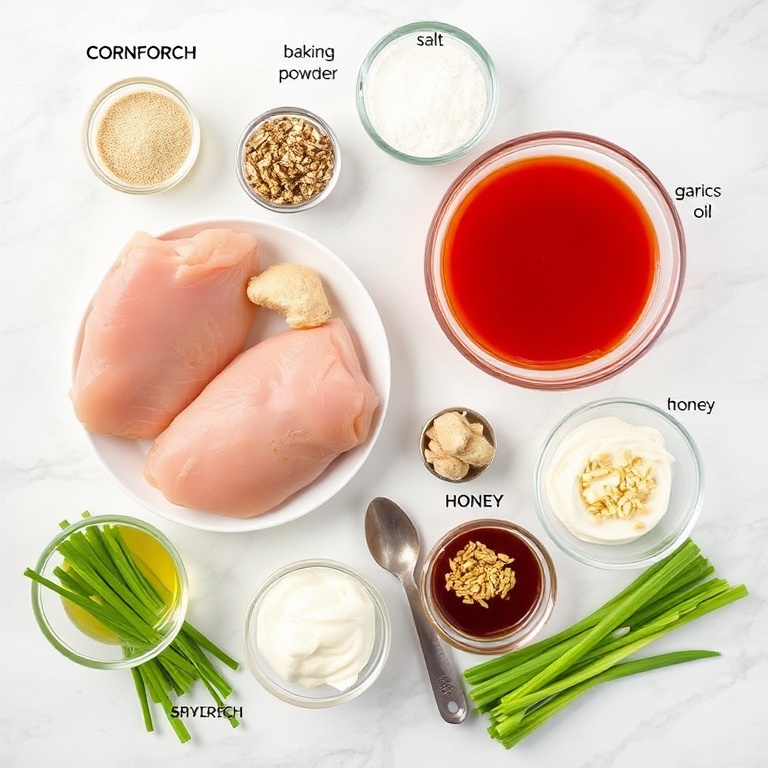 Raw ingredients for Bang Bang Chicken Skewers