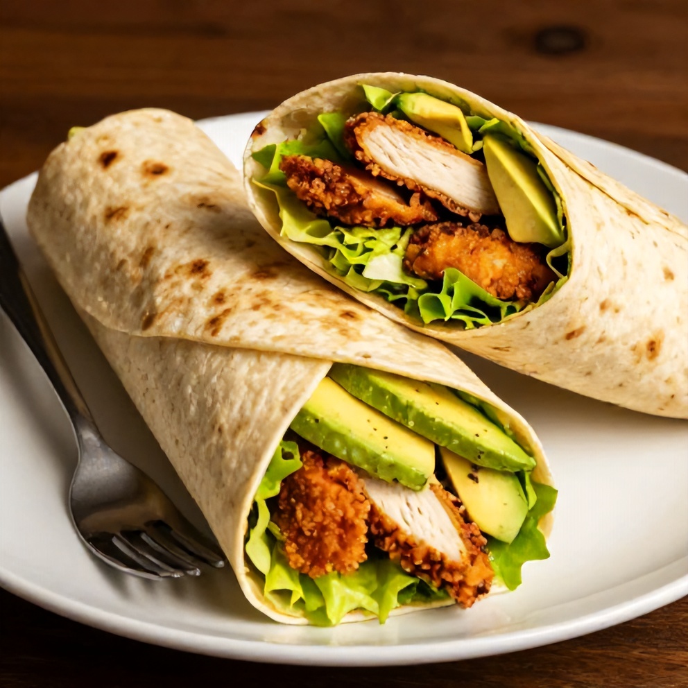 Chicken avocado wrap on a white plate with a fork
