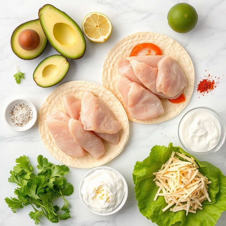 Raw ingredients for chicken avocado wrap on a white marble surface