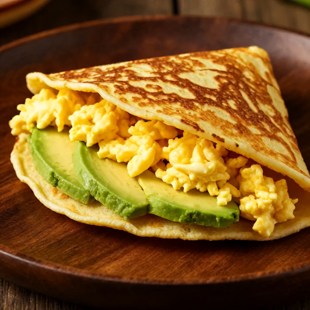 Pancake taco filled with scrambled eggs and avocado on a wooden plate