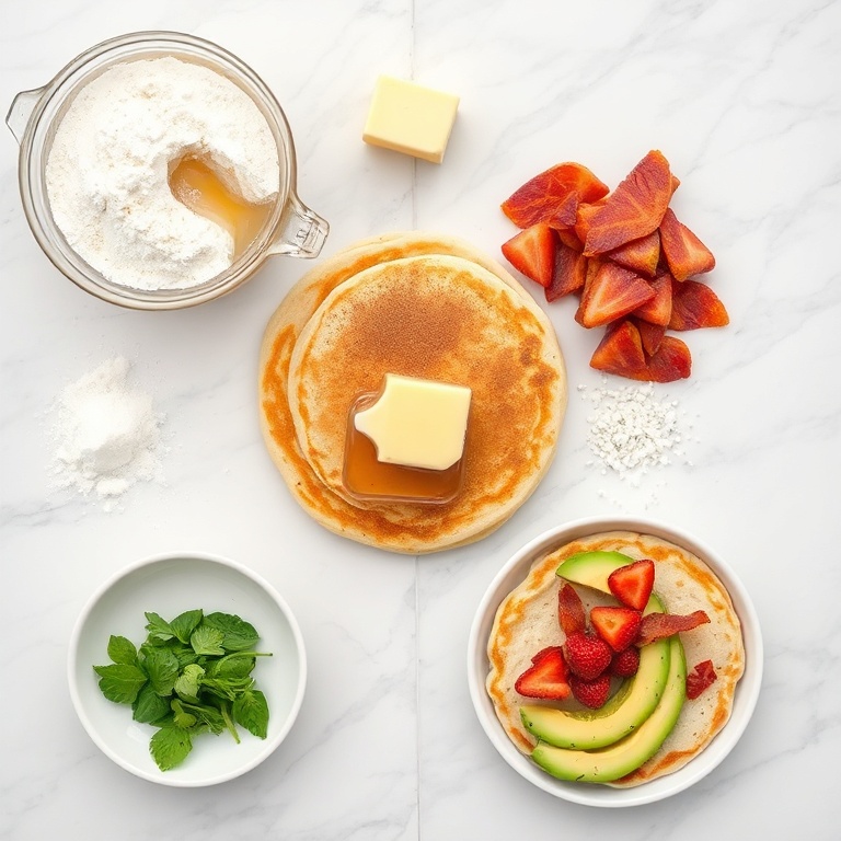 Raw ingredients for pancake tacos on a marble surface