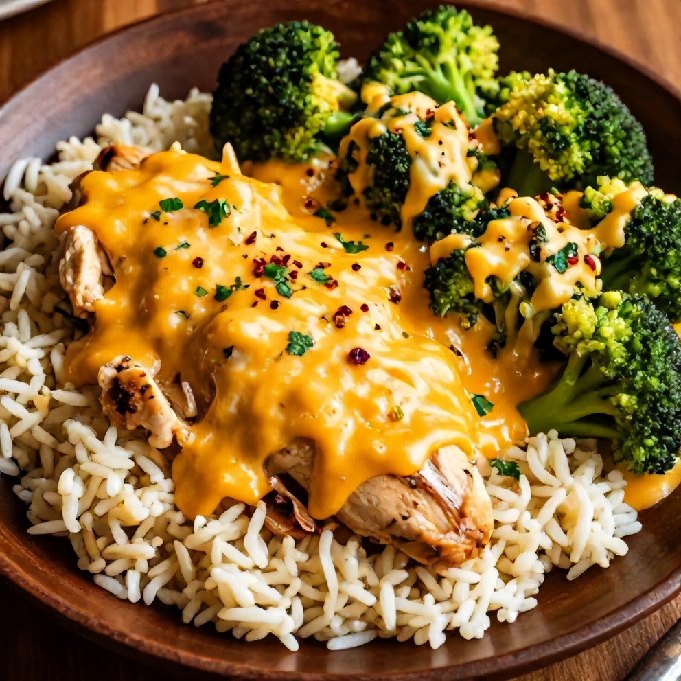 Finished Crockpot Broccoli Cheddar Chicken and Rice Dinner