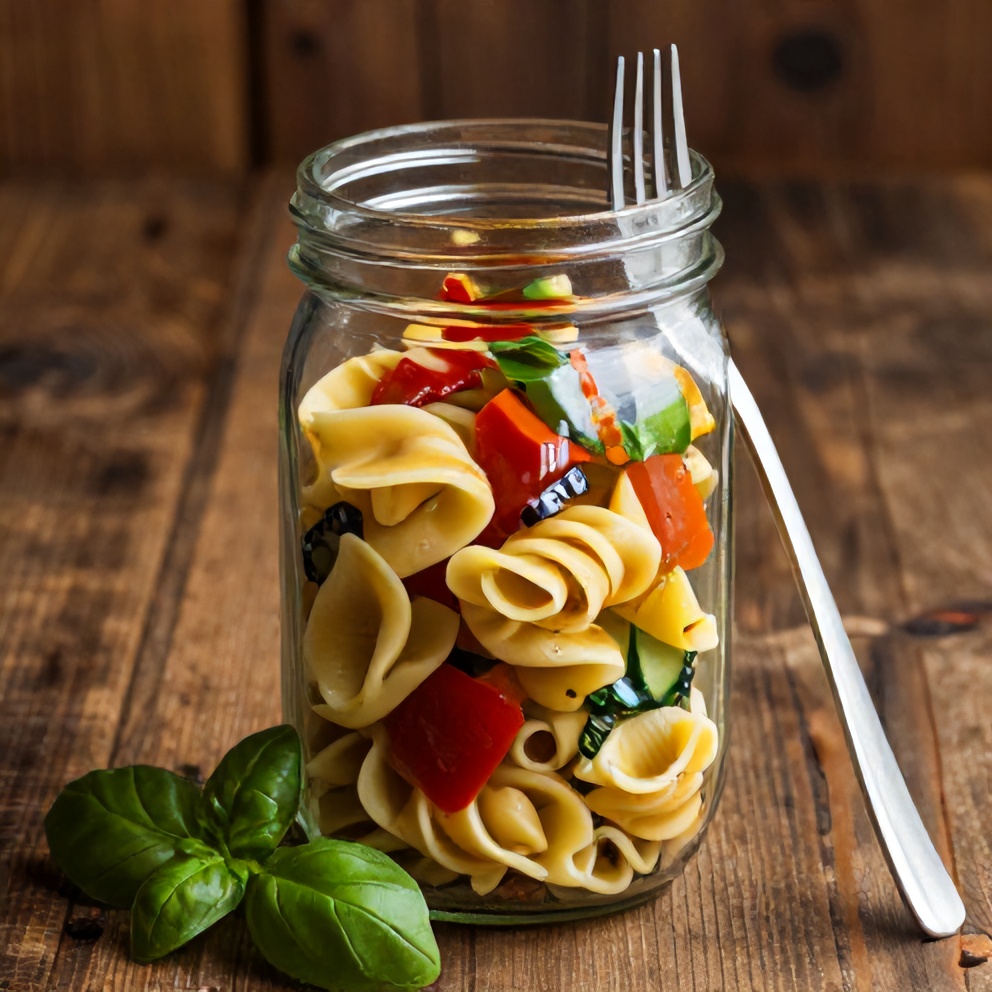Ditalini pasta salad in a jar with a fork ready to serve